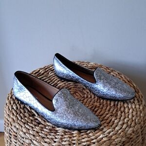 Trask‎ Womens Farrah Distressed Silver Snakeskin Print Leather Smoking Loafers 9